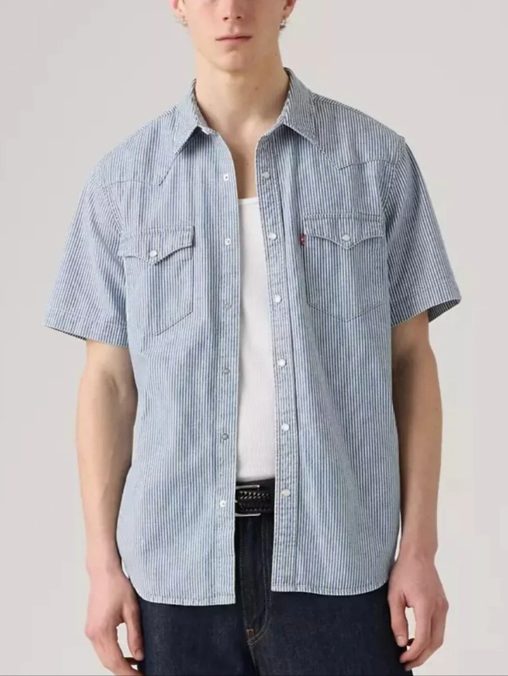 LEVI'S The Western Standard Fit Short Sleeve Pearl Snap Stripe Shirt Mens L NEW